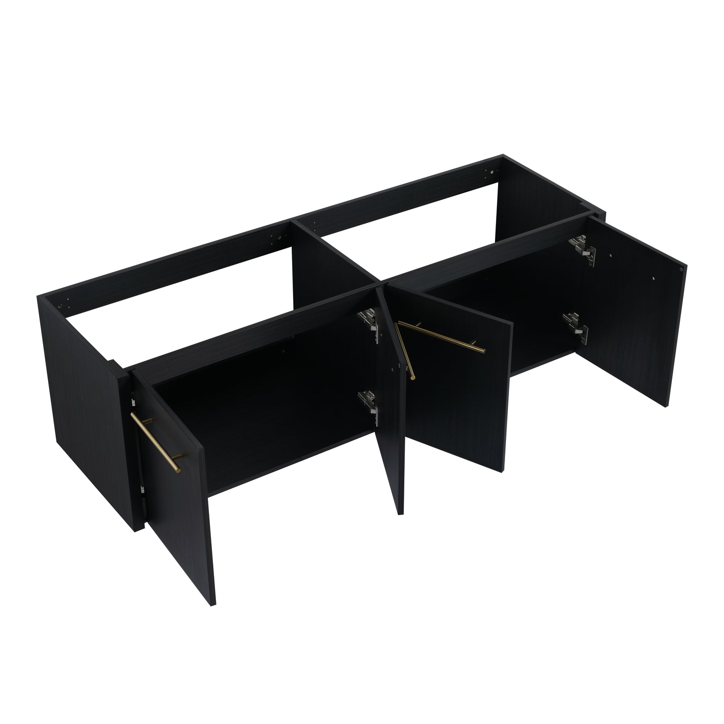 Black modular cabinet base with brass handles and visible hinges for storage solutions