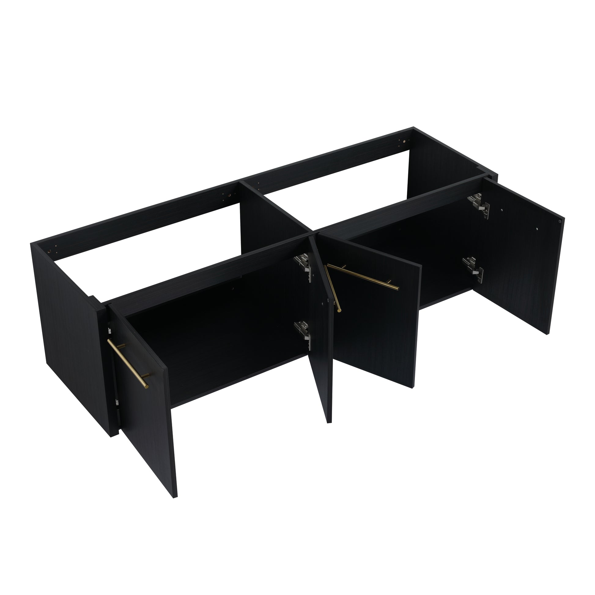 Black modular cabinet base with brass handles and visible hinges for storage solutions