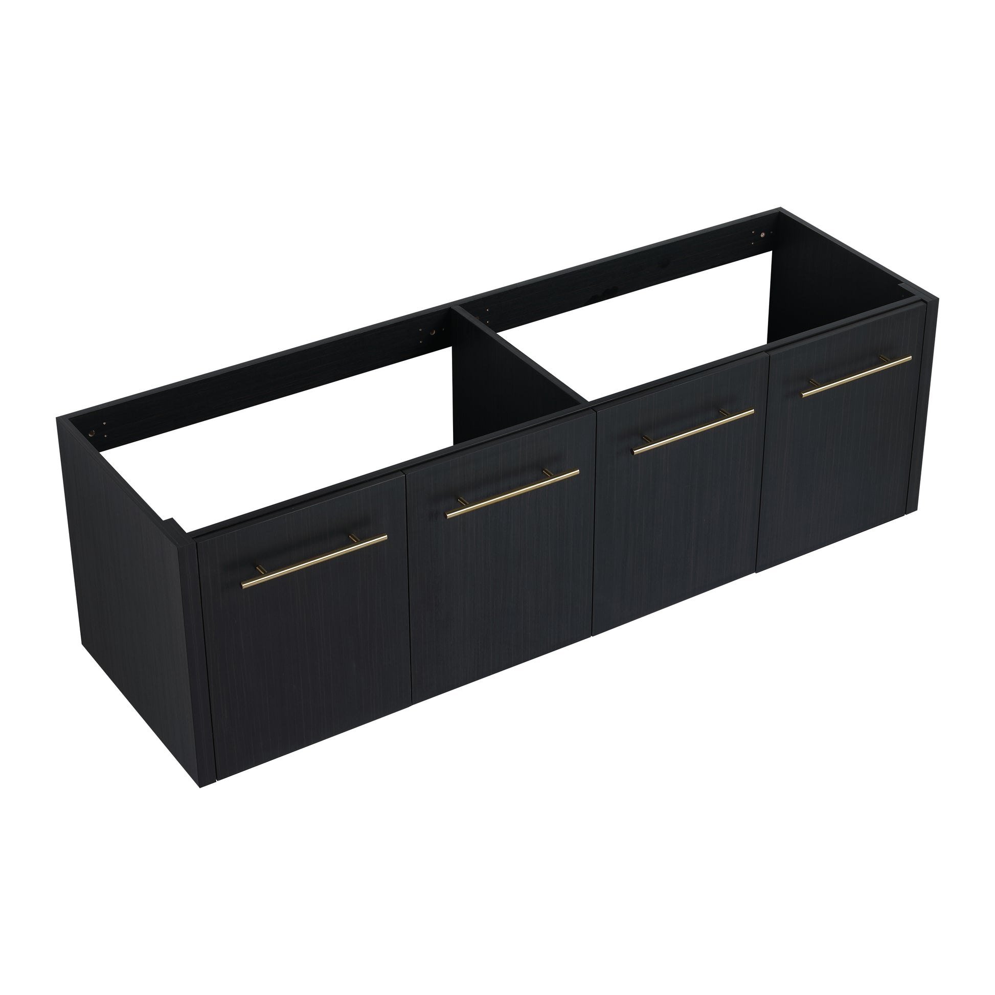 Black wallmounted cabinet base with gold handles and wood grain finish