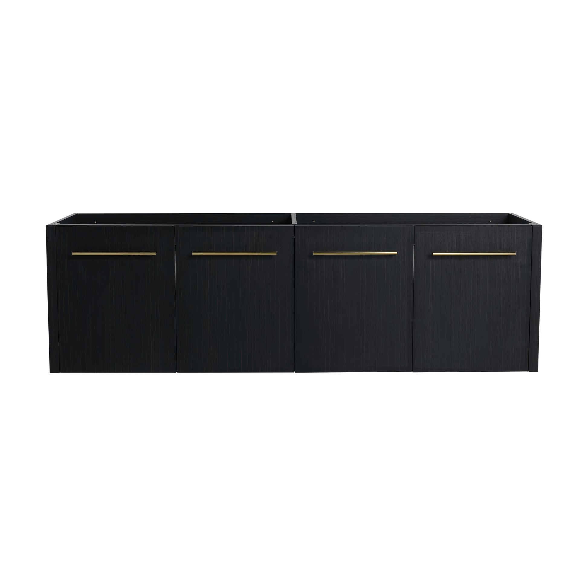 Black wood grain vanity cabinet with brushed brass hardware