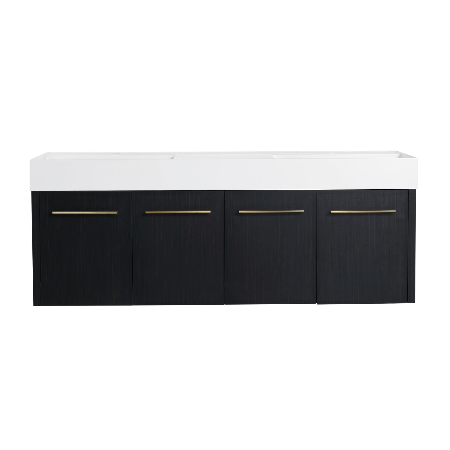 Modern floating vanity with white integrated sink and black wood grain cabinet doors and gold handles
