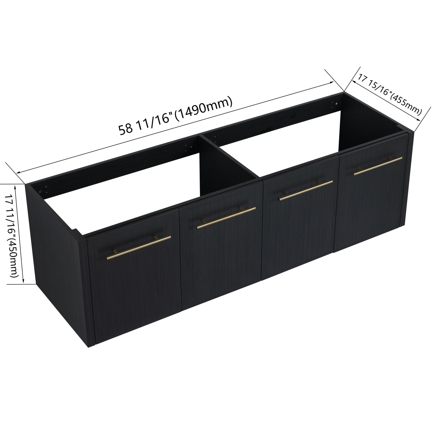 Dark wood grain vanity cabinet with brass handles measuring   long