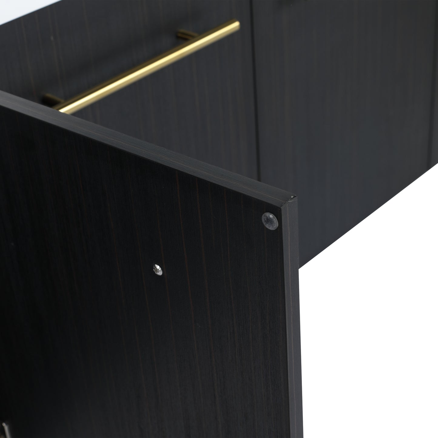 Dark wood cabinet with brushed brass handle detail modern design