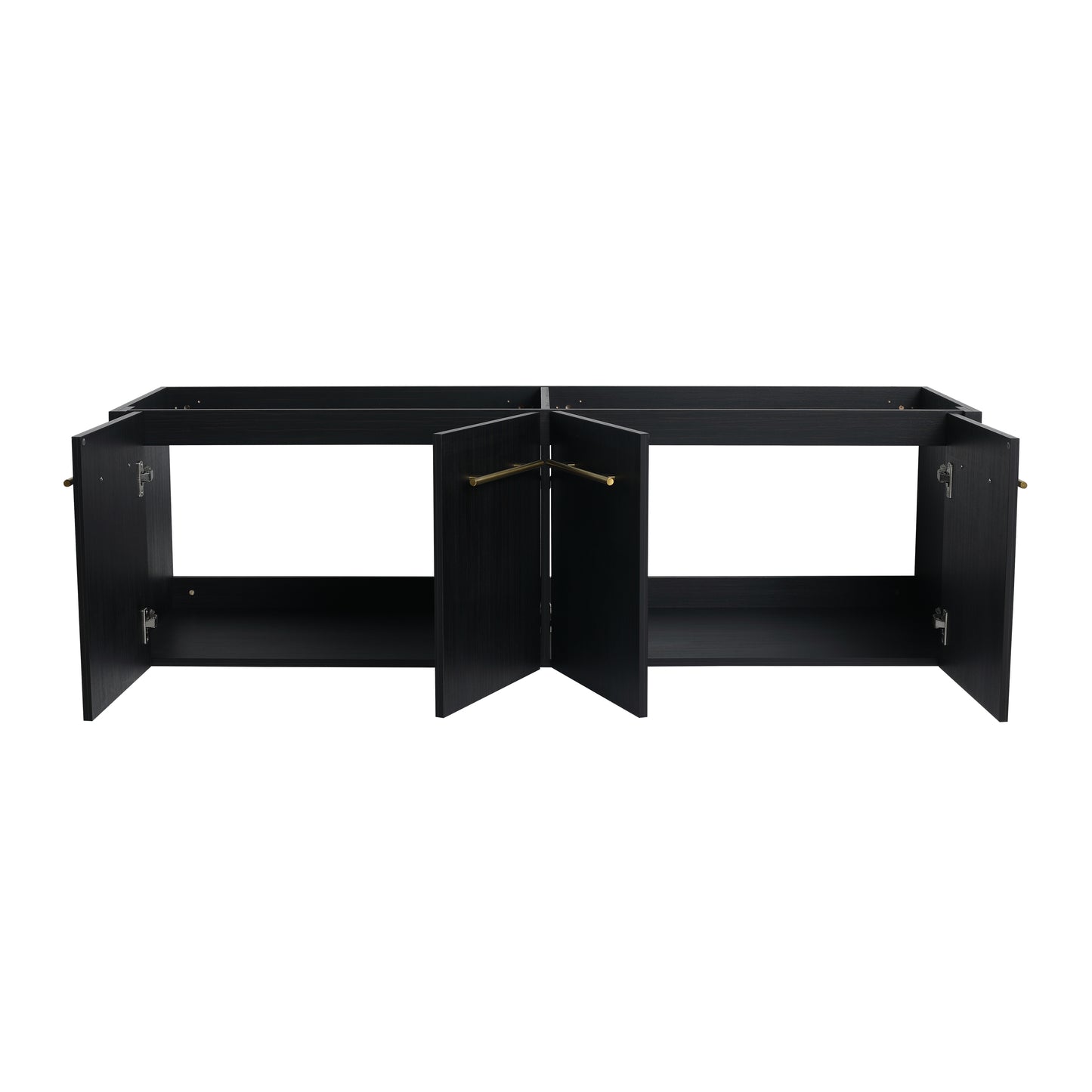Dark wood vanity cabinet frame with brass pulls and open doors