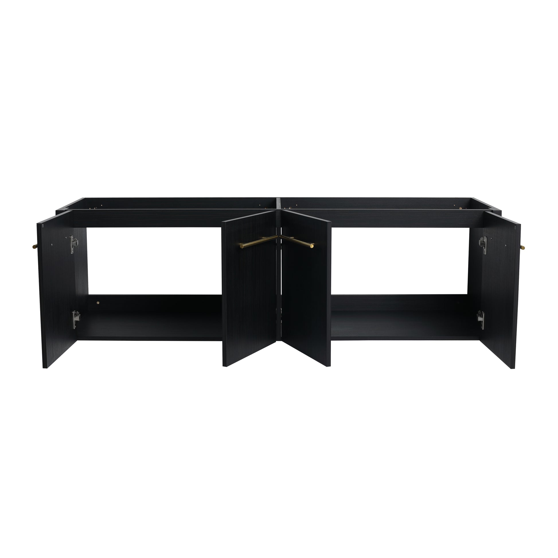 Dark wood vanity cabinet frame with brass pulls and open doors