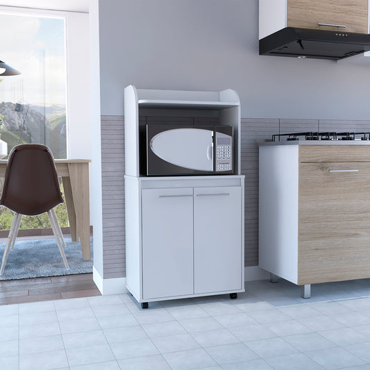 White kitchen microwave cart with top shelf and twodoor cabinet