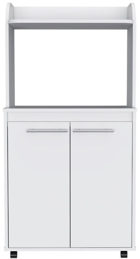 White mobile kitchen cart with double doors and an open top shelf