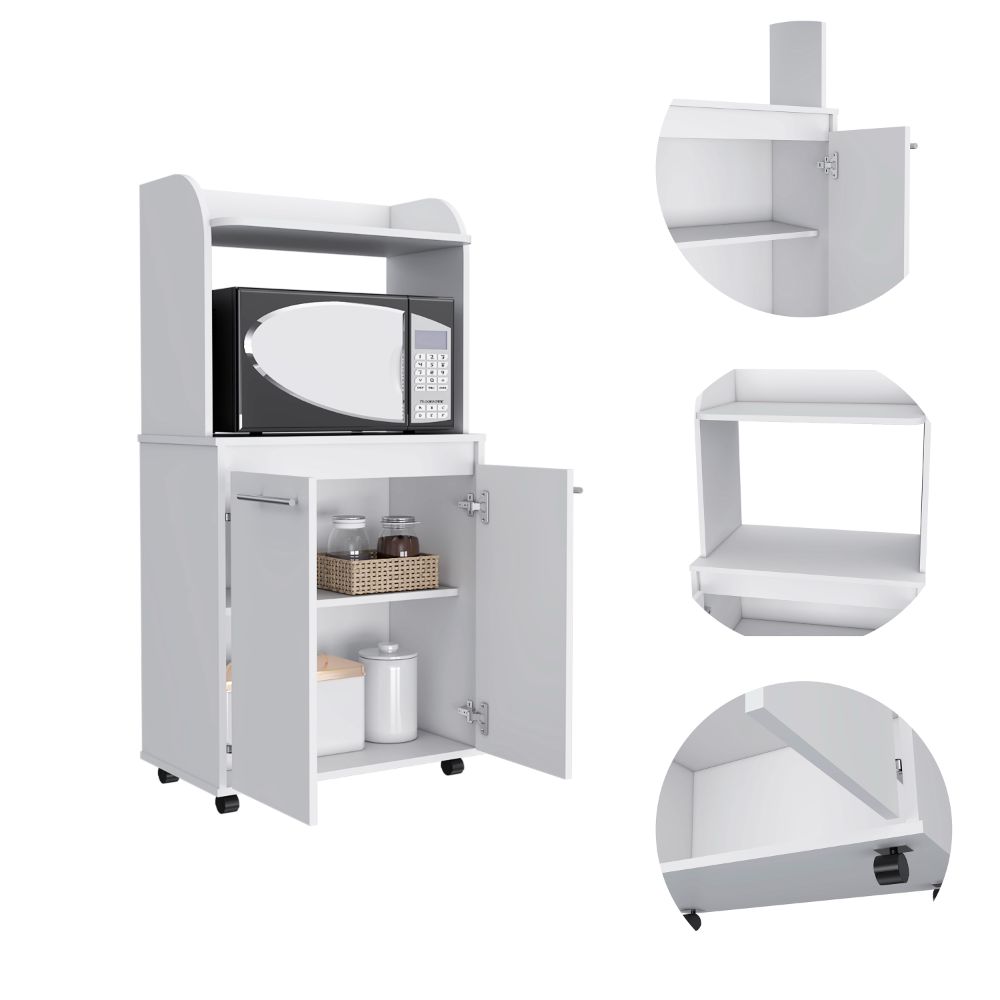 White microwave cart with storage cabinets and shelves