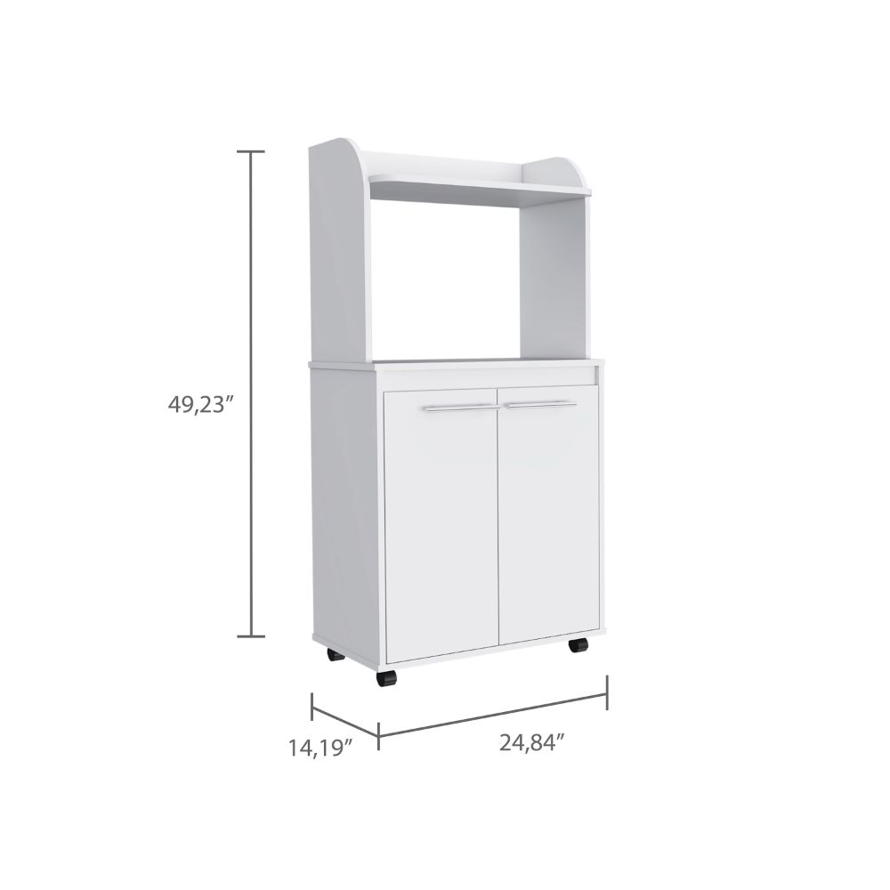 White kitchen cart with double doors and top shelf