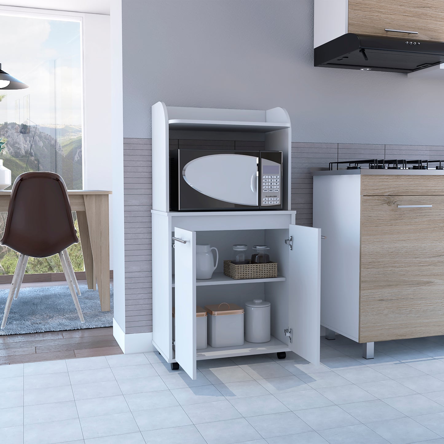 White kitchen bakers rack with microwave and storage cabinets