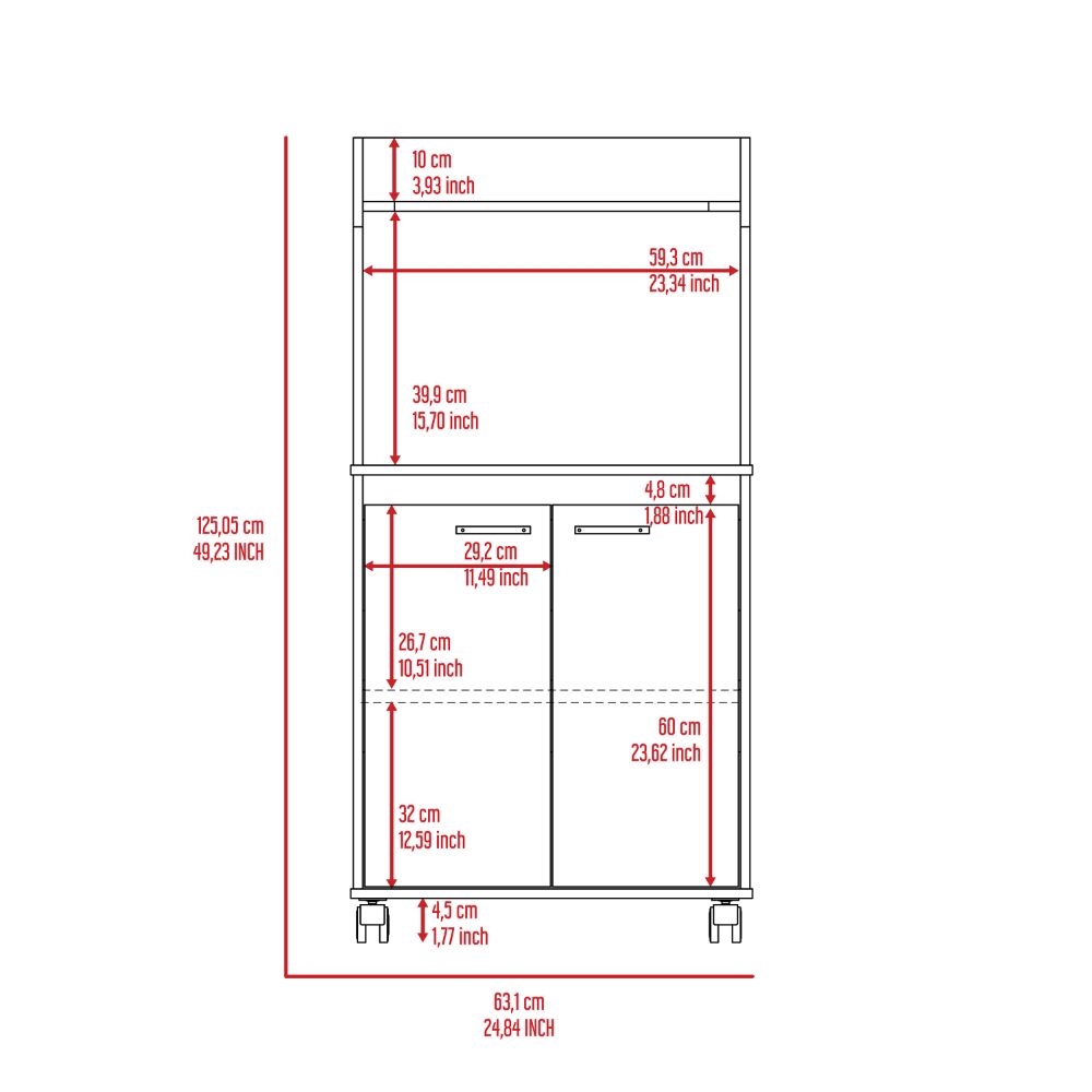 Diagram of a white cabinet with dimensions labeled in cm and inches