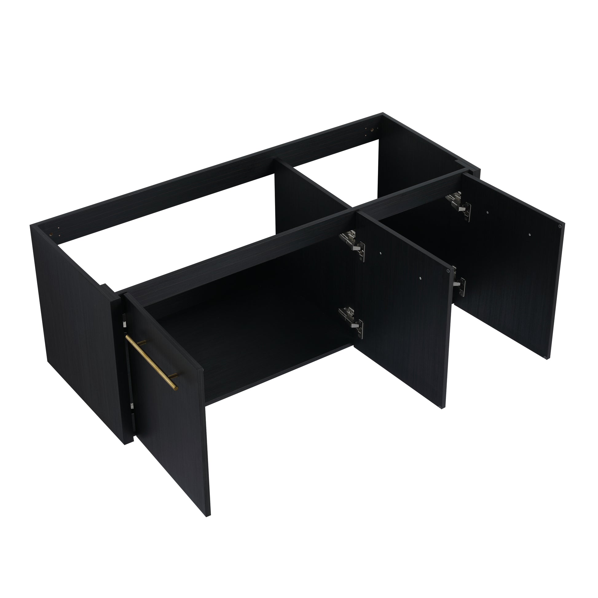 Black wooden vanity base with brass handles and open cabinet doors