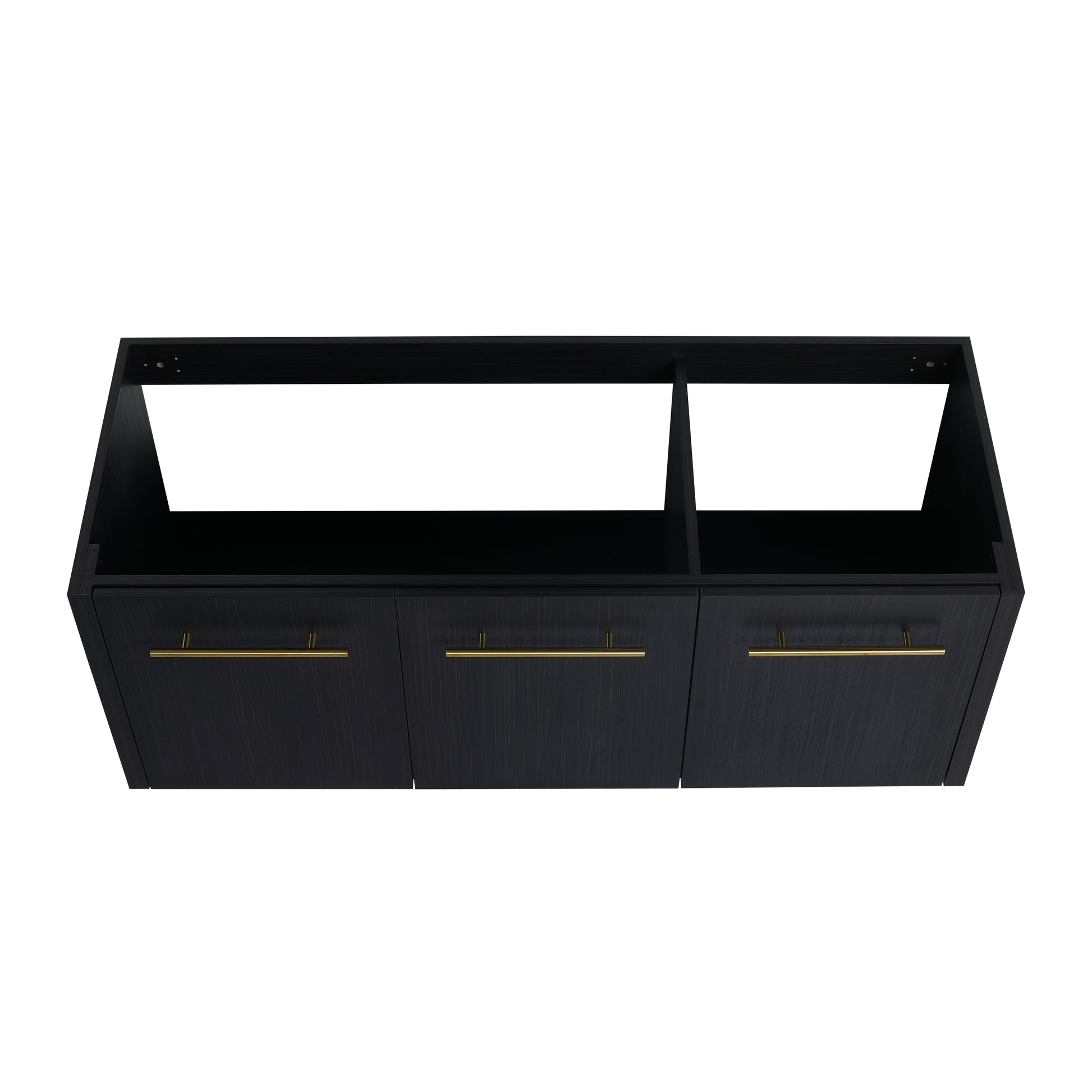 Dark wood vanity cabinet with three drawers and brass hardware