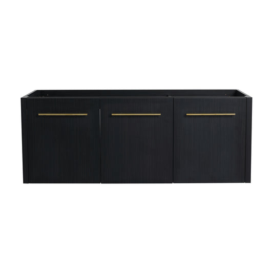 Dark wood vanity cabinet with three doors and brushed gold bar pulls