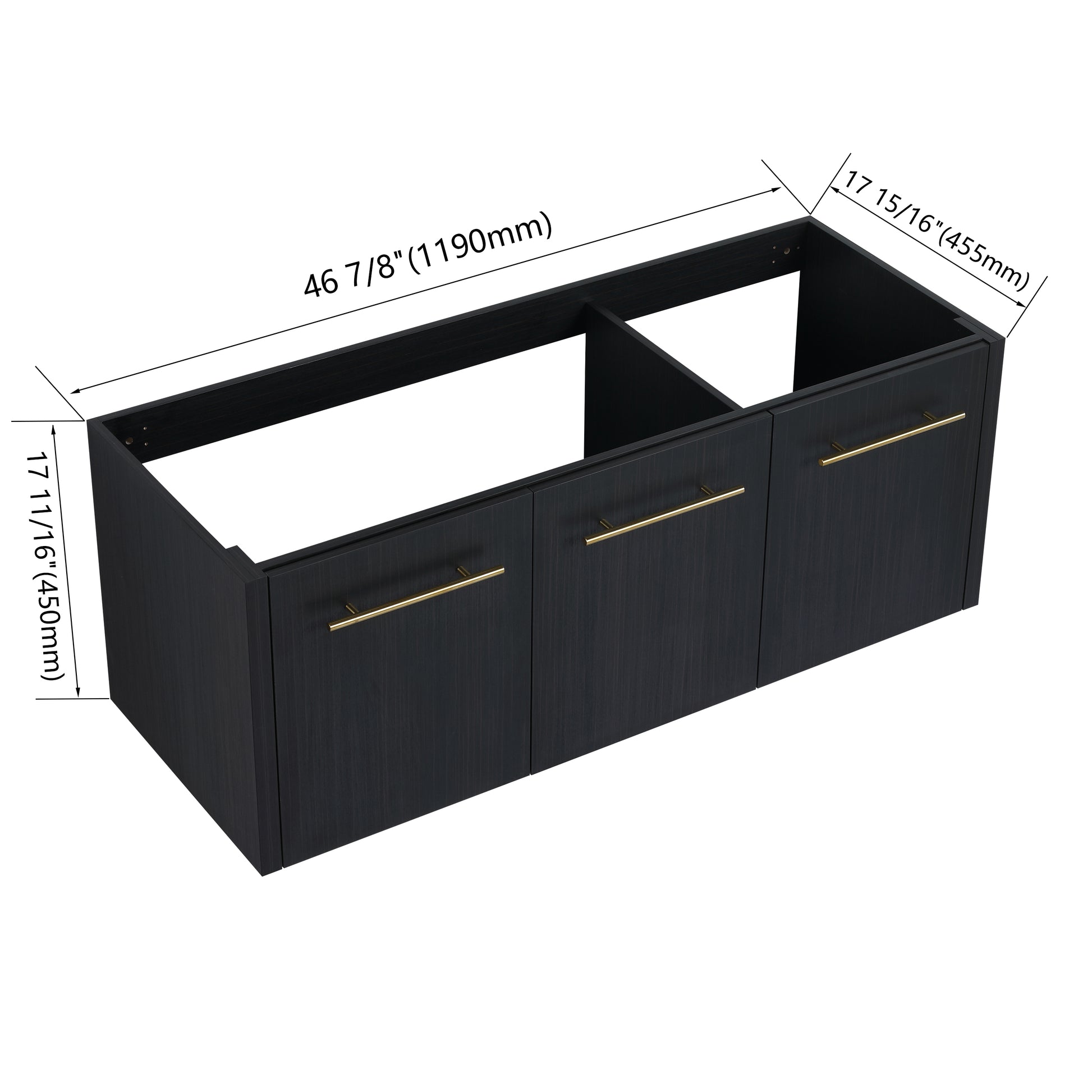Dark wood vanity cabinet with gold handles   inches wide