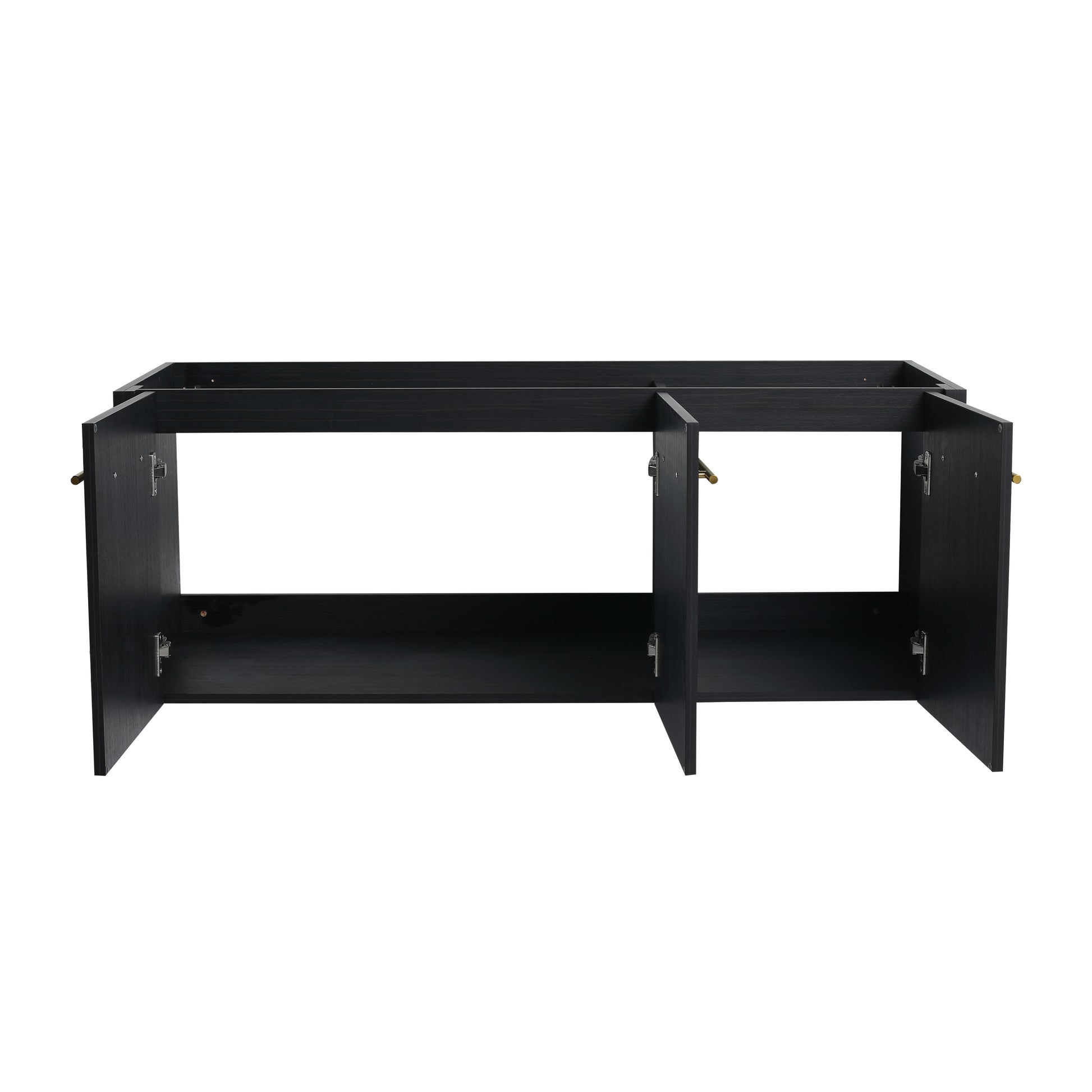 Dark wood vanity base cabinet with brushed brass hardware open doors revealing storage