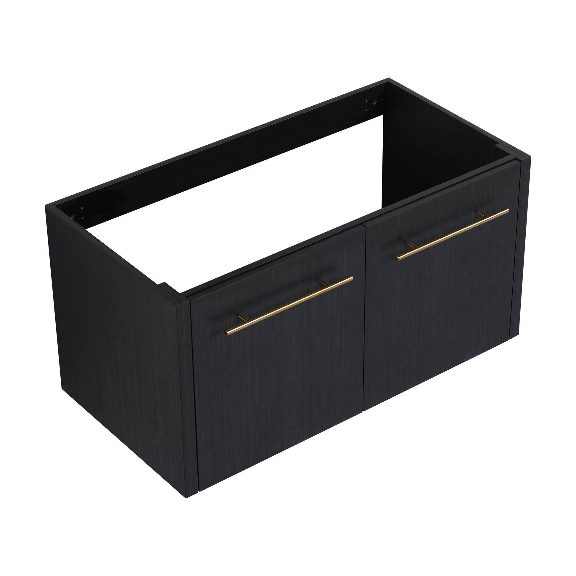 Modern black wallmounted vanity base with two gold bar pulls and a wood grain finish