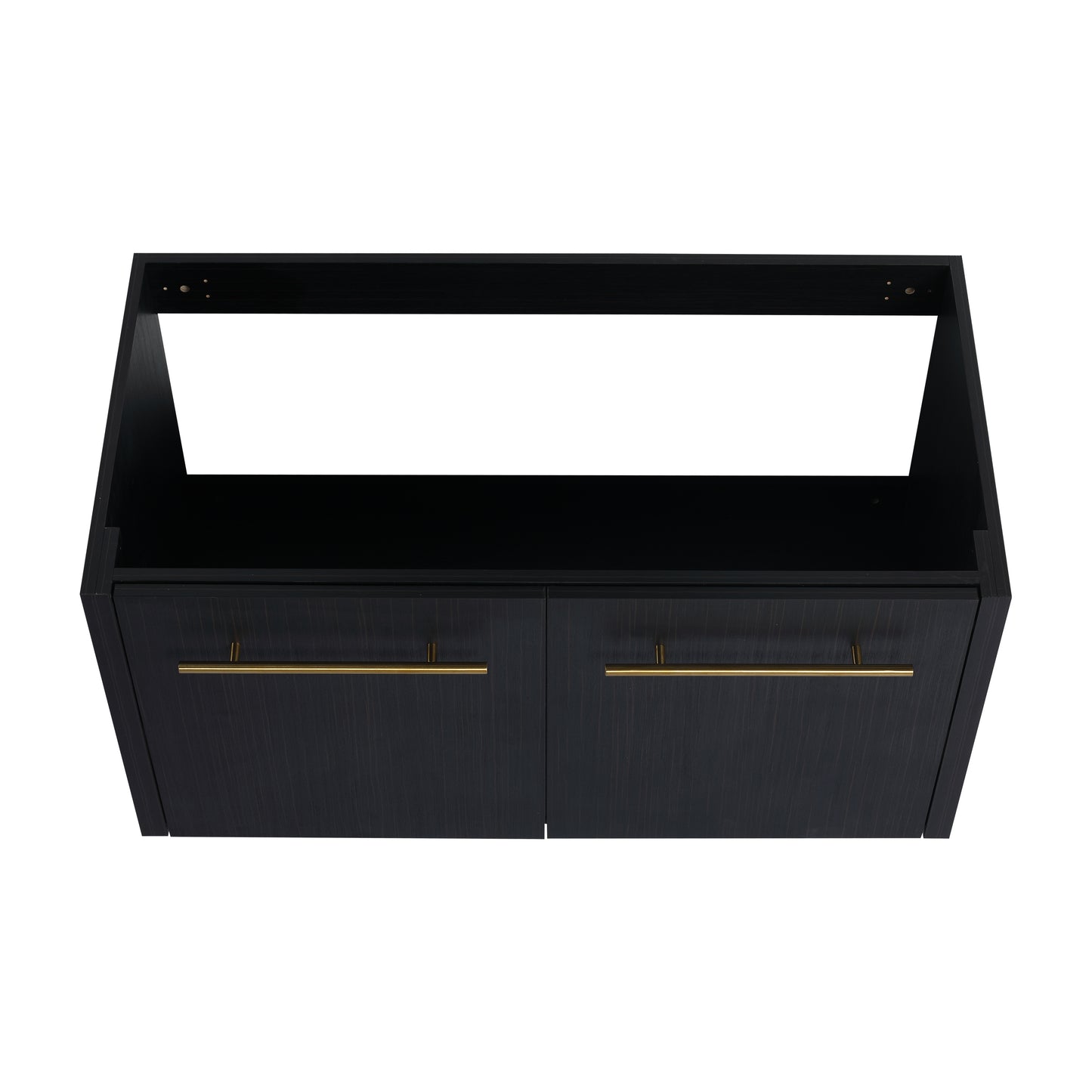 Modern black wood wallmounted cabinet with gold bar pulls