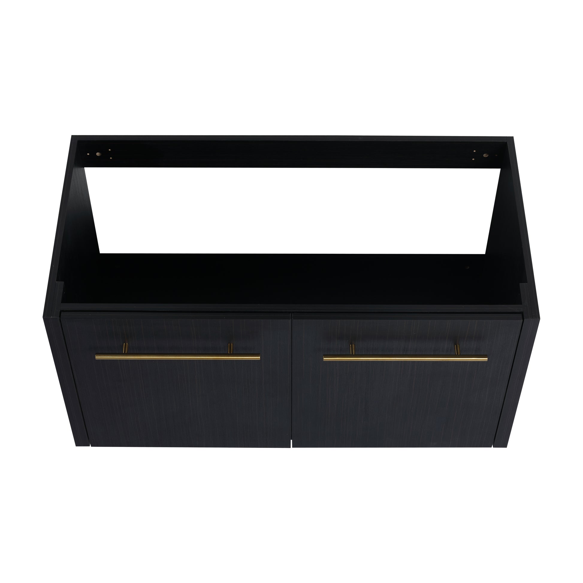 Modern black wood wallmounted cabinet with gold bar pulls