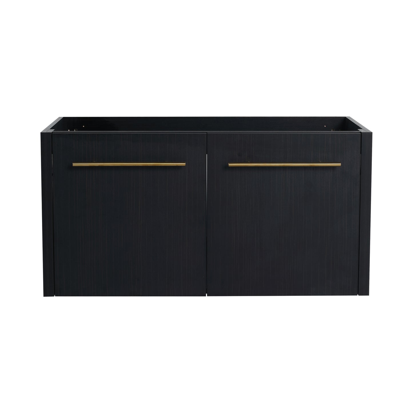 Dark woodgrain bathroom vanity base with two doors and gold handles