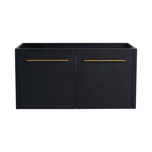 Dark woodgrain bathroom vanity base with two doors and gold handles