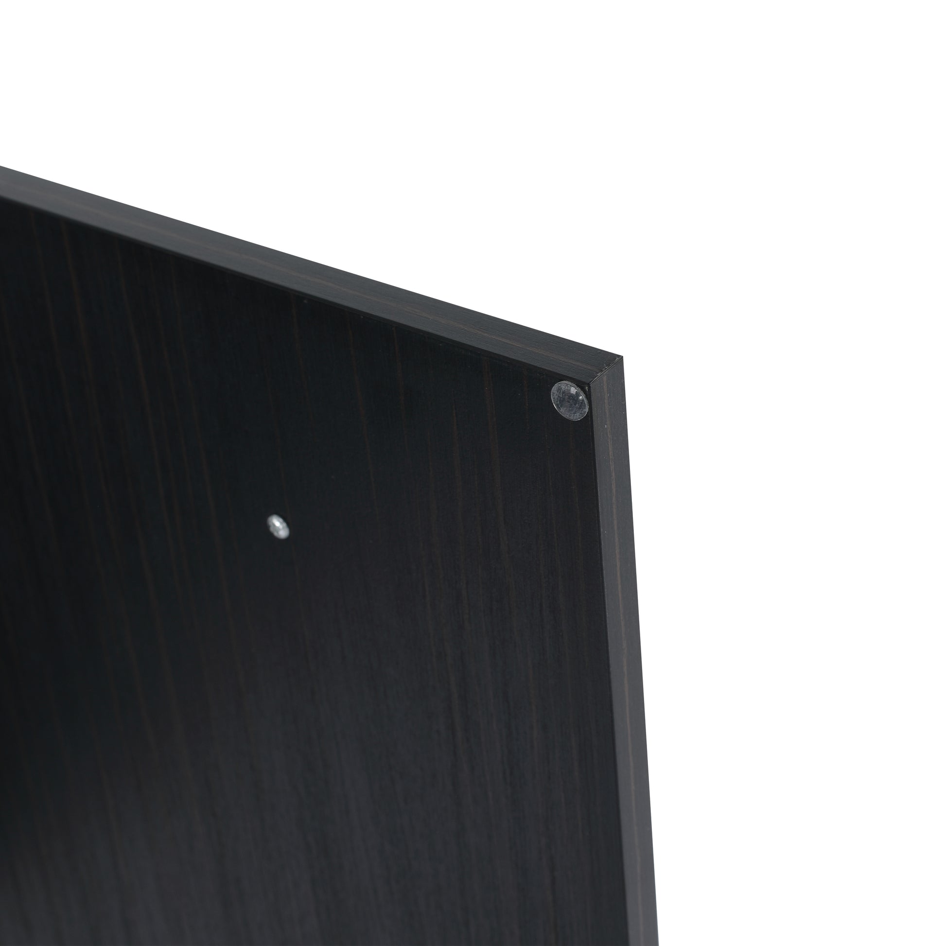 Dark wood veneer panel with visible grain texture and protective feet