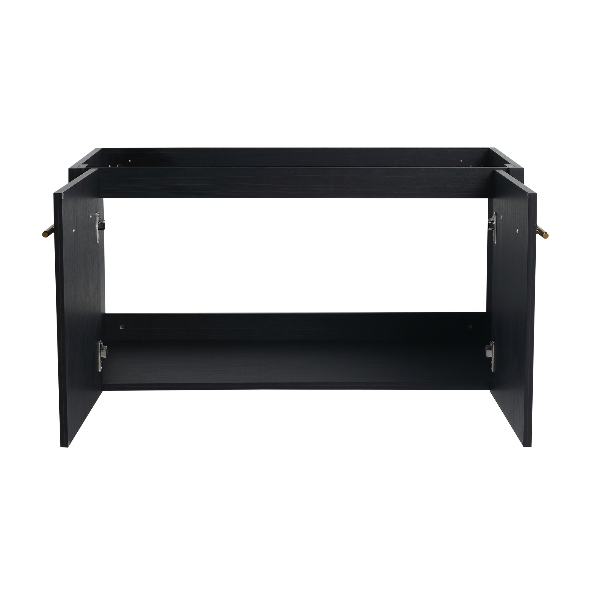 Black wood cabinet frame with brass hardware open doors modern design