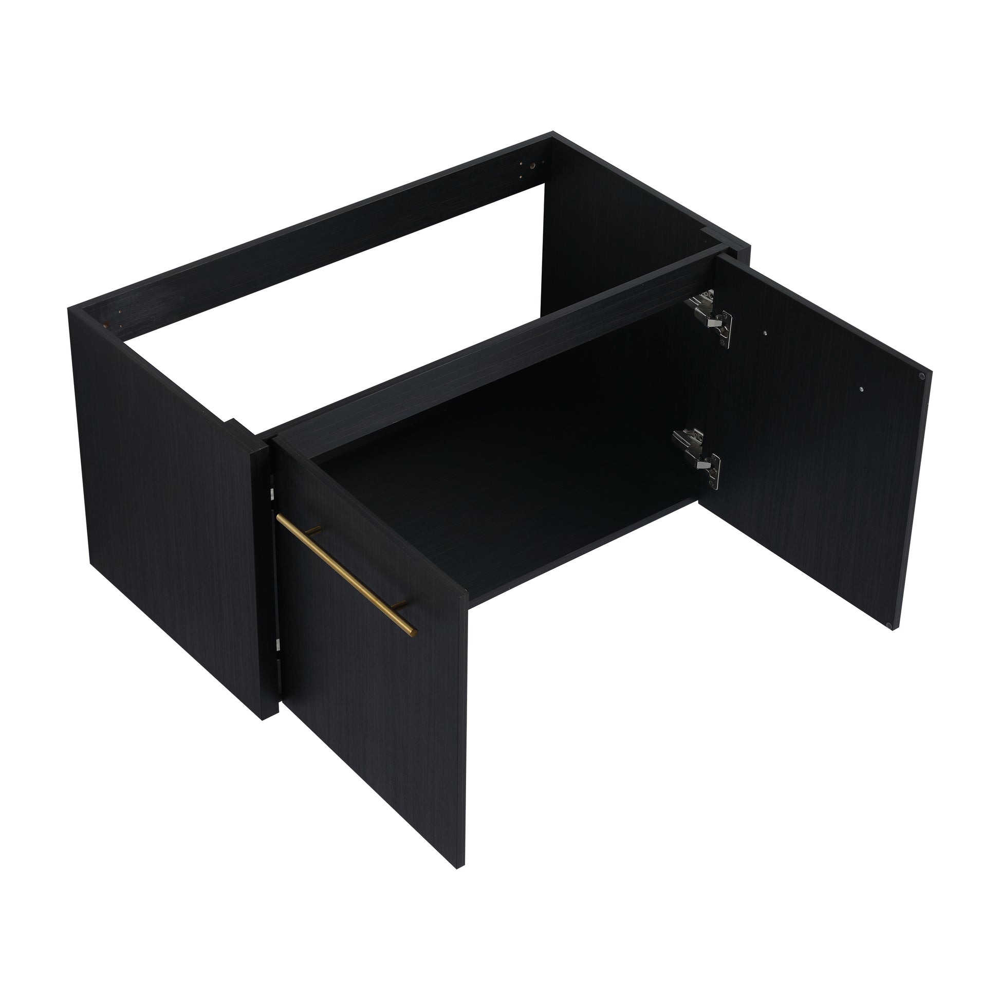 Black wood grain bathroom vanity cabinet with brass pull