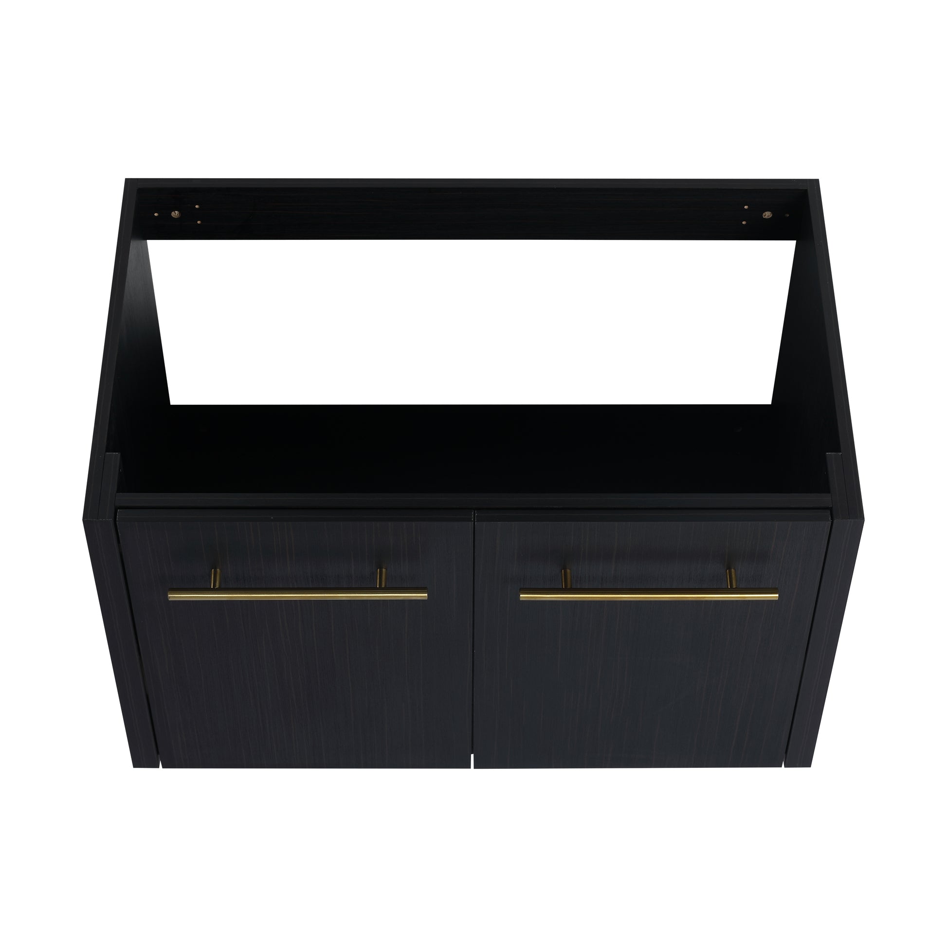 Dark wood vanity cabinet with two drawers and brushed gold pulls
