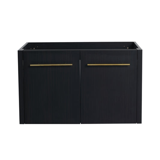 Dark wood grain vanity cabinet with two doors and brass handles modern bathroom furniture