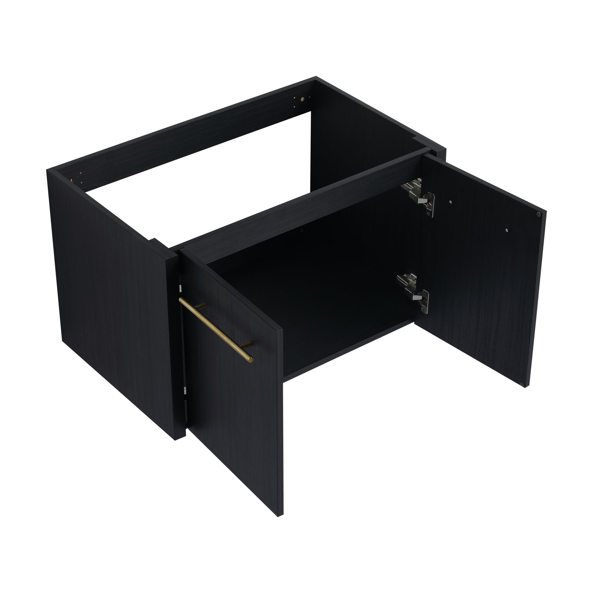 Black woodgrain cabinet base with brass pull