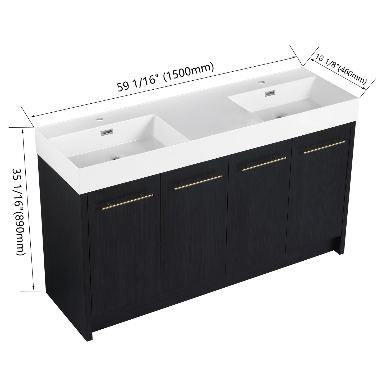 Dark wood double vanity with white integrated sink and gold handles   long