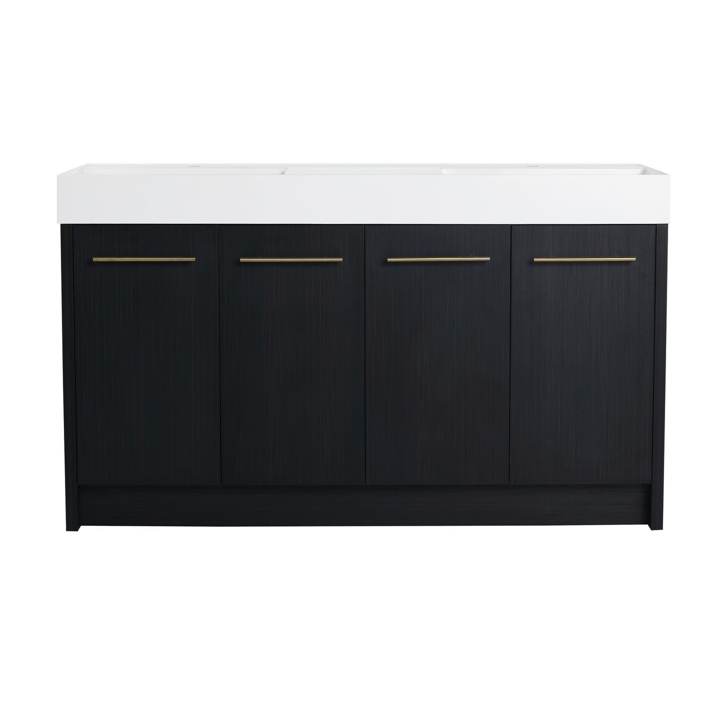 Modern black oak vanity with white integrated sink and gold hardware