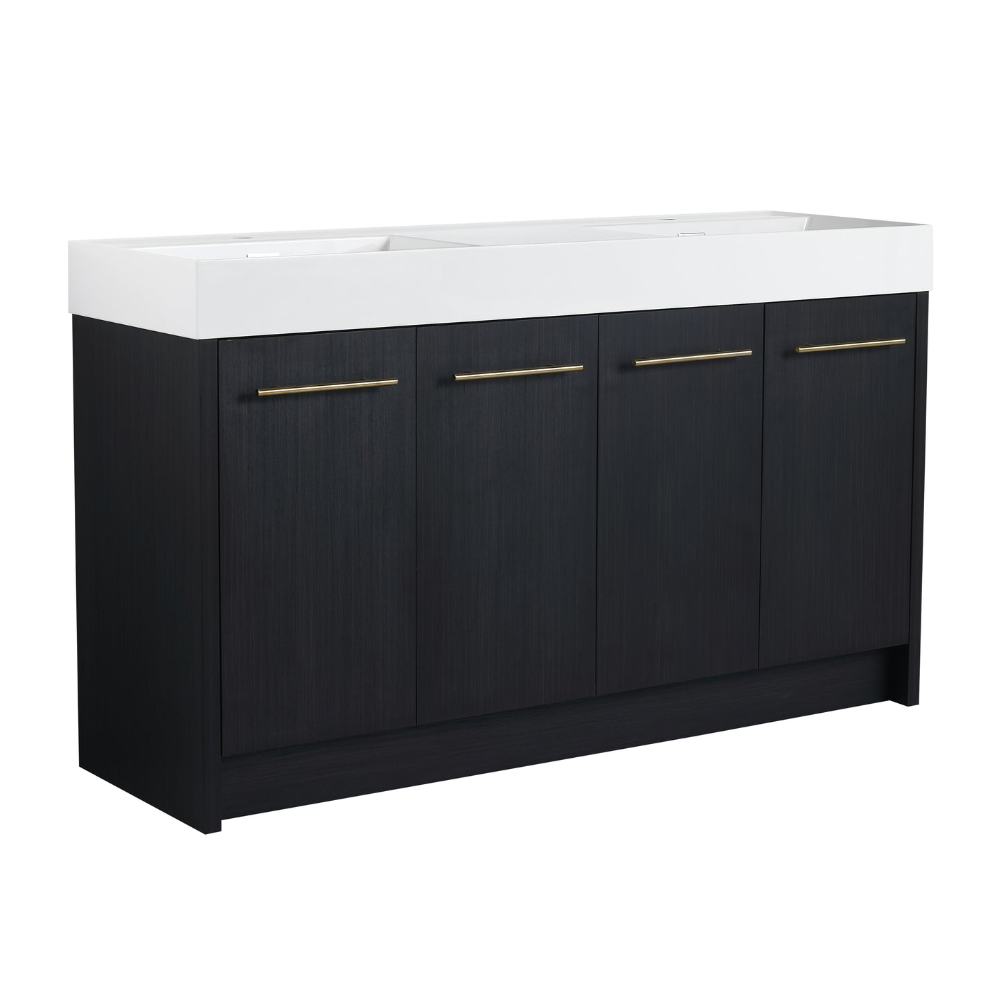Modern dark wood bathroom vanity with white integrated sink and gold hardware