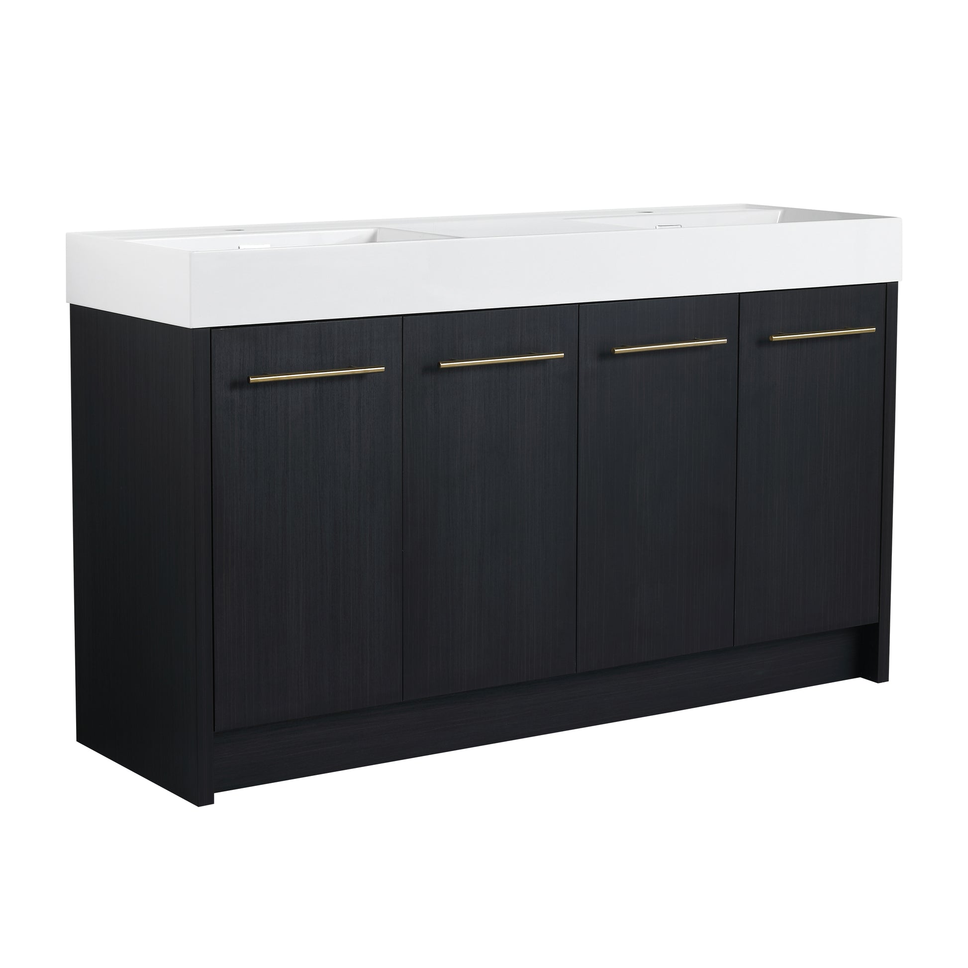 Modern dark wood bathroom vanity with white integrated sink and gold hardware