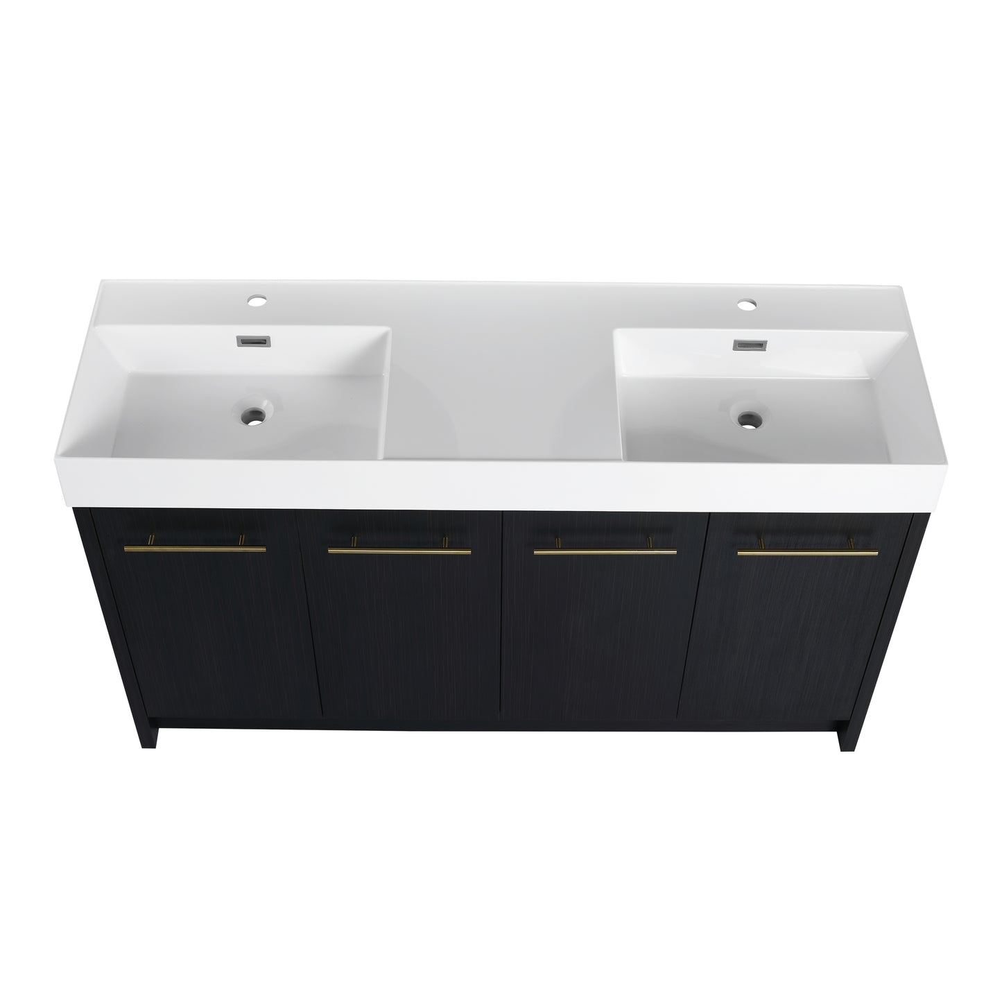 Modern double sink vanity in dark oak finish with brushed gold hardware