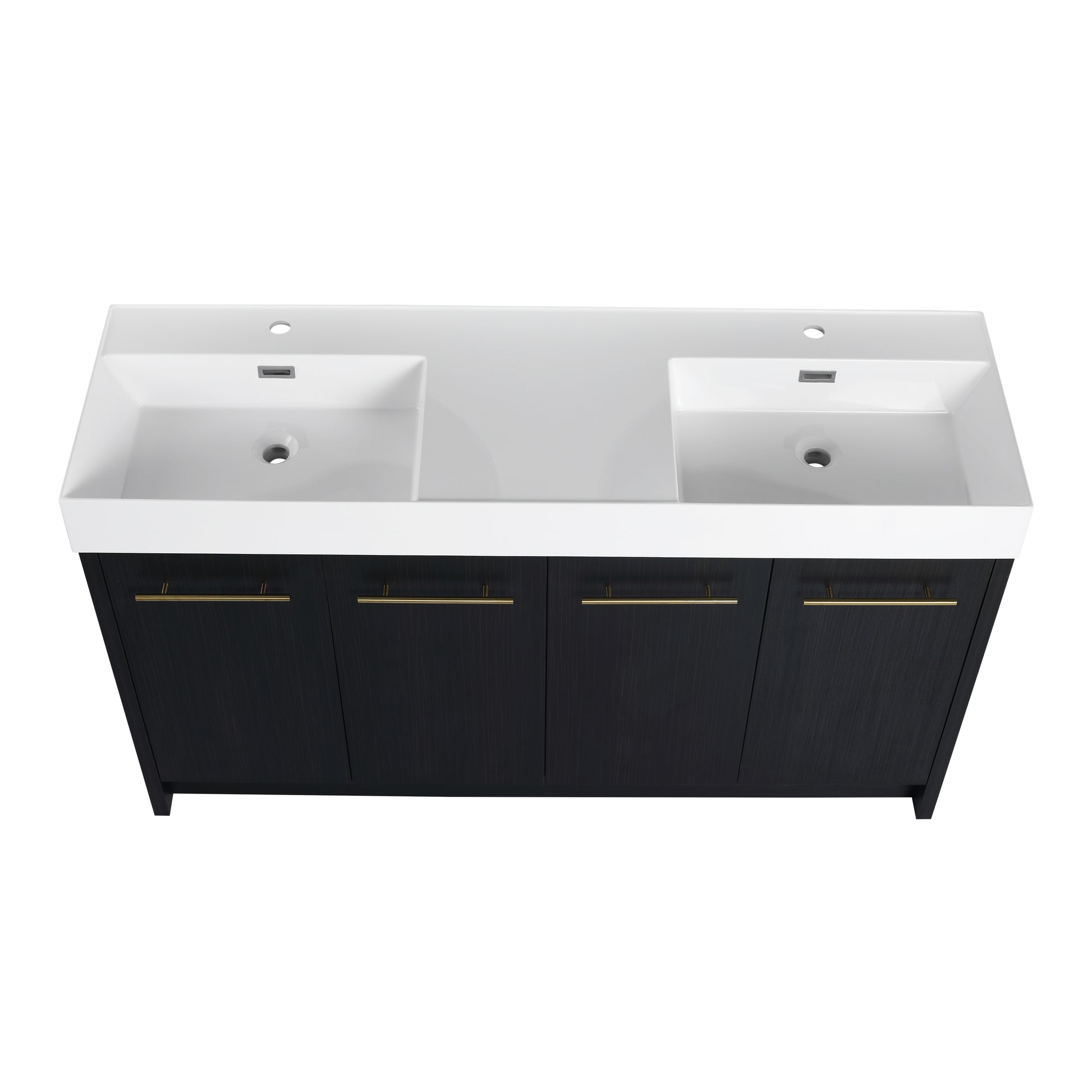 Modern double sink vanity in dark oak finish with brushed gold hardware