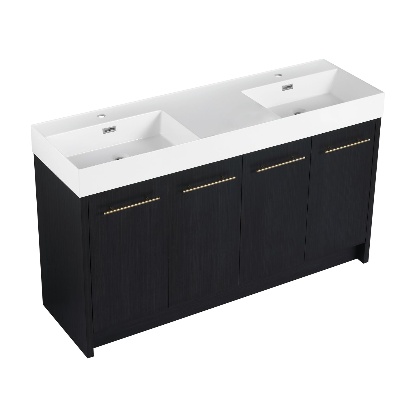 Double vanity with integrated white sinks and dark wood cabinetry with gold hardware