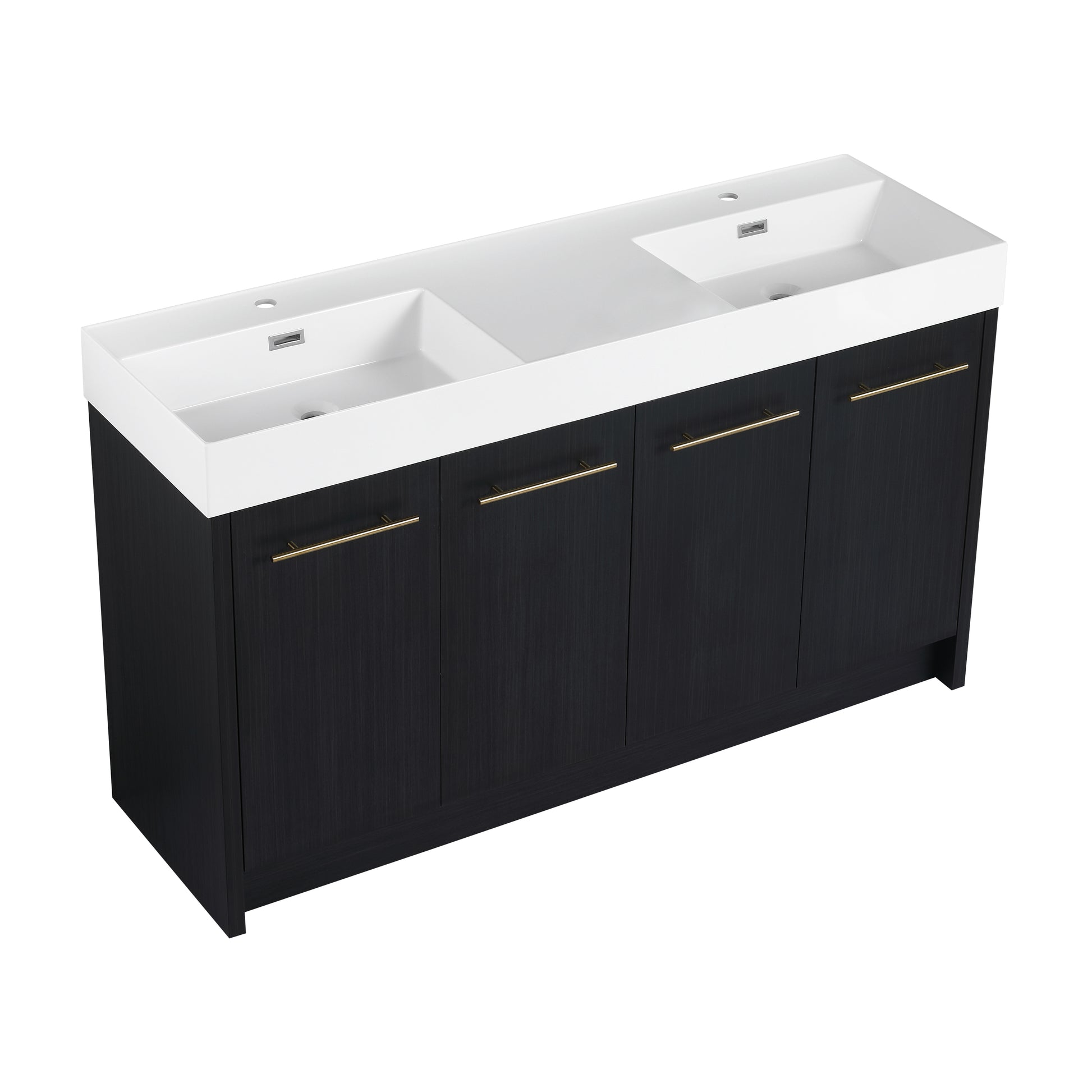 Double vanity with integrated white sinks and dark wood cabinetry with gold hardware