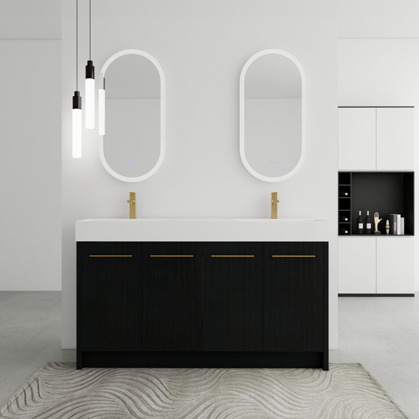 Dark wood modern bathroom vanity with white countertop and dual sinks