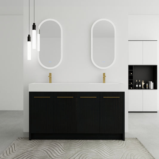 Dark wood modern bathroom vanity with white countertop and dual sinks