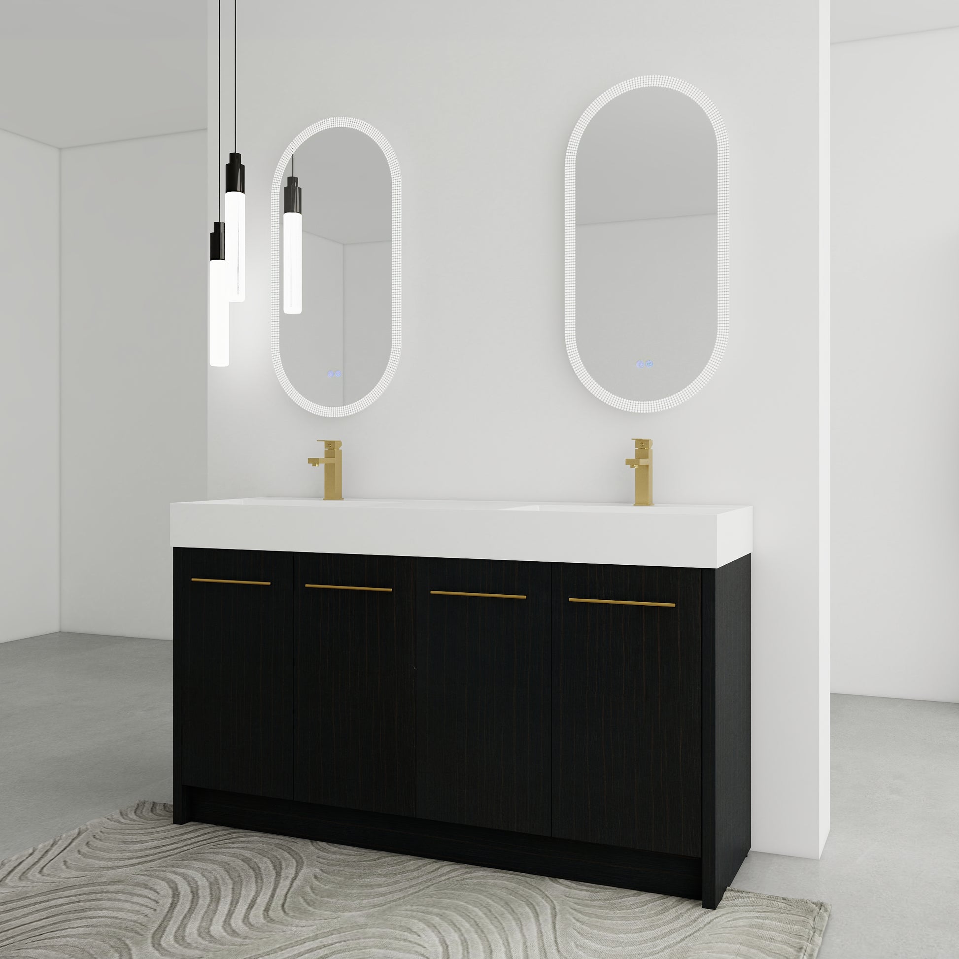 Modern black wood double vanity with white countertop and gold faucets
