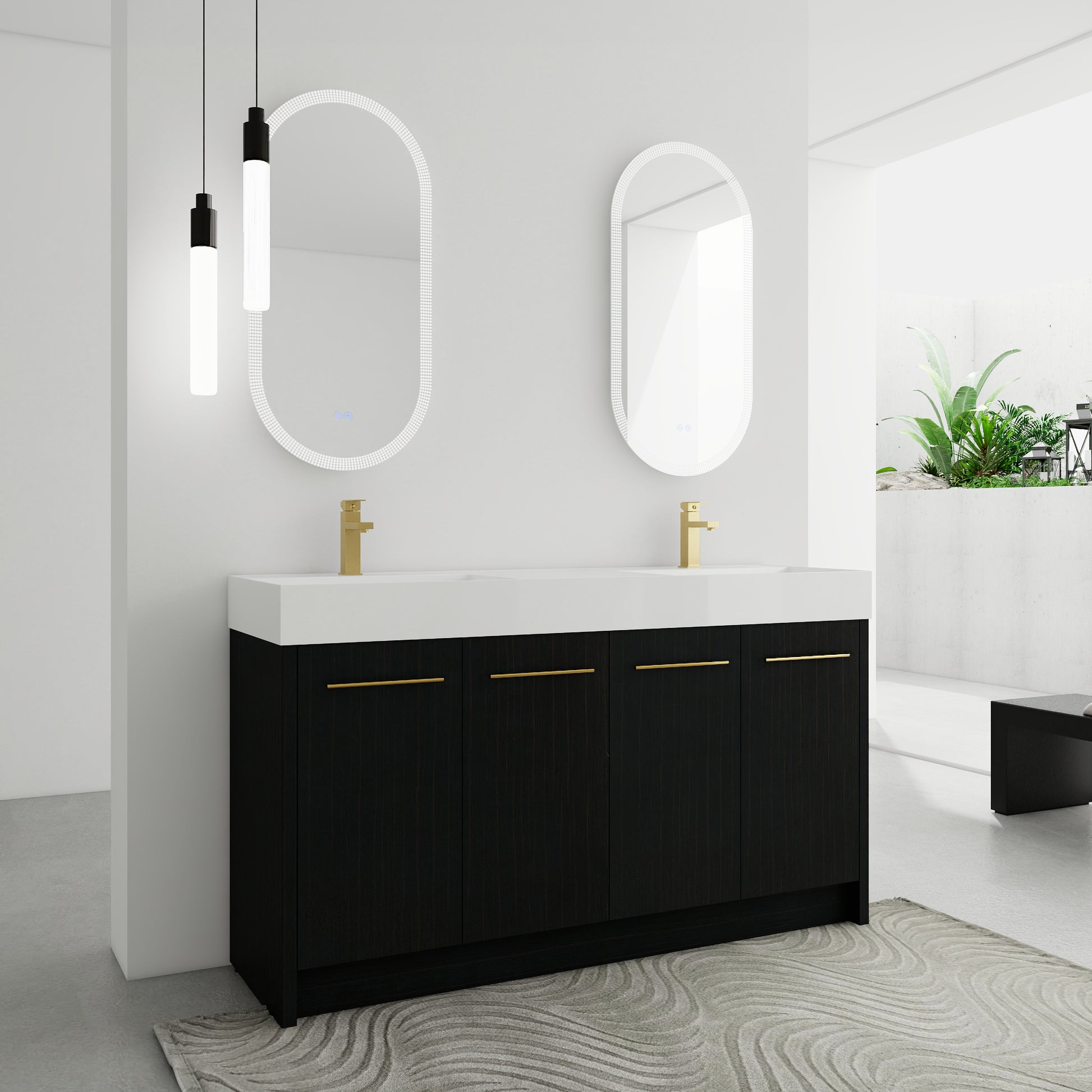 Modern black oak double vanity with white countertop and gold fixtures