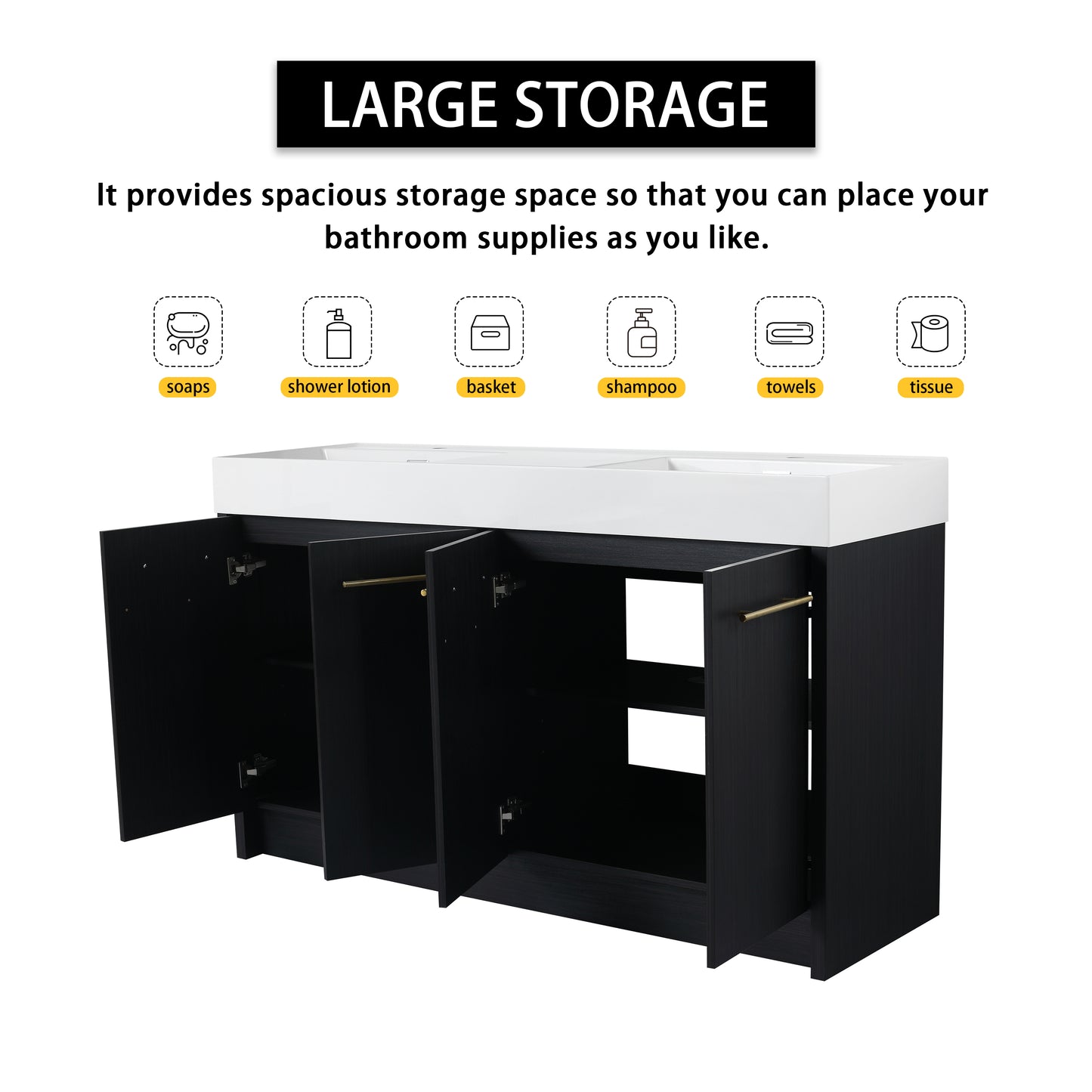 Black vanity cabinet with multiple open doors revealing spacious interior storage