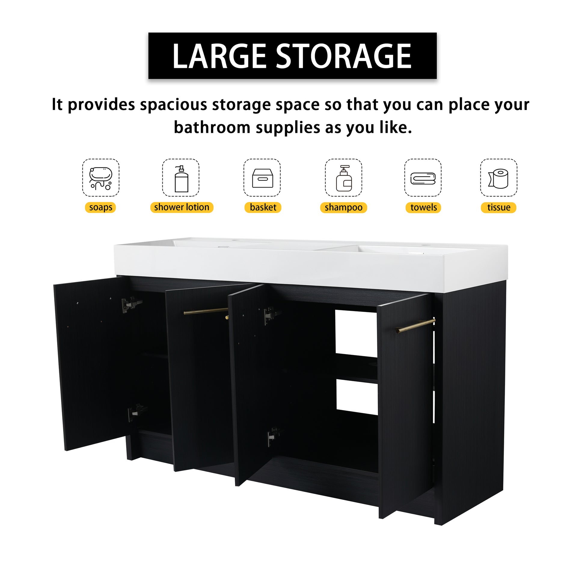 Black vanity cabinet with multiple open doors revealing spacious interior storage