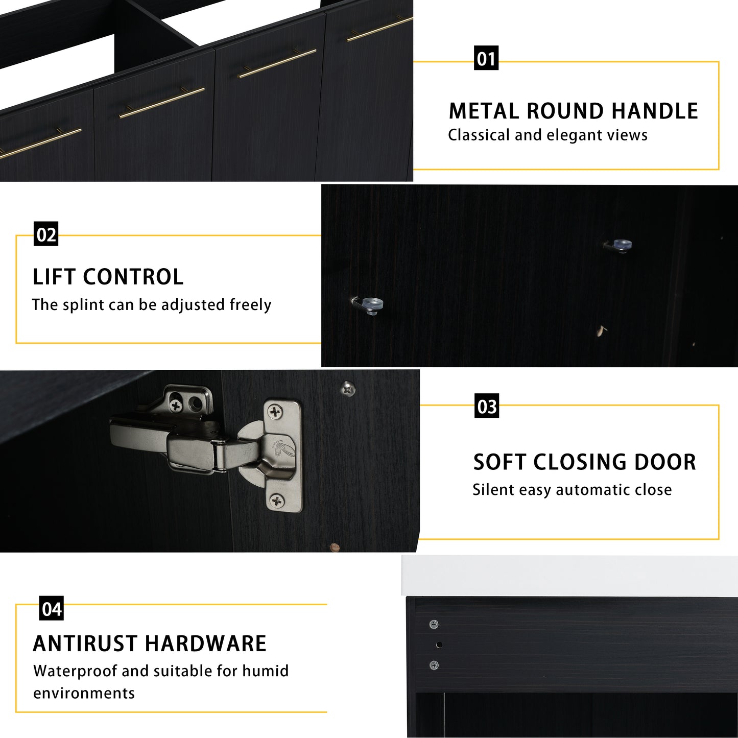 Black cabinet with gold metal round handles for elegant style