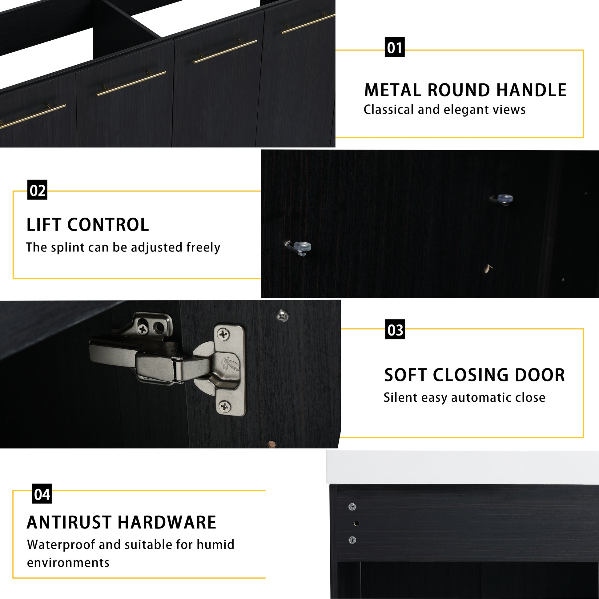 Black cabinet with gold metal round handles for elegant style