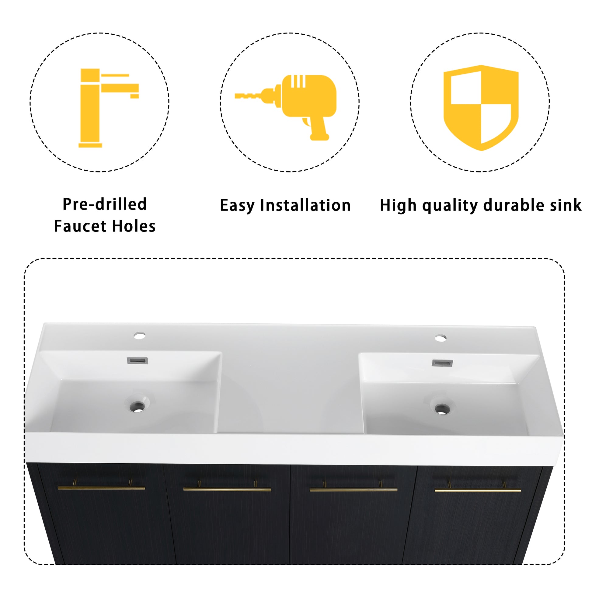 Modern white ceramic double vanity sink with predrilled faucet holes and black wood cabinet
