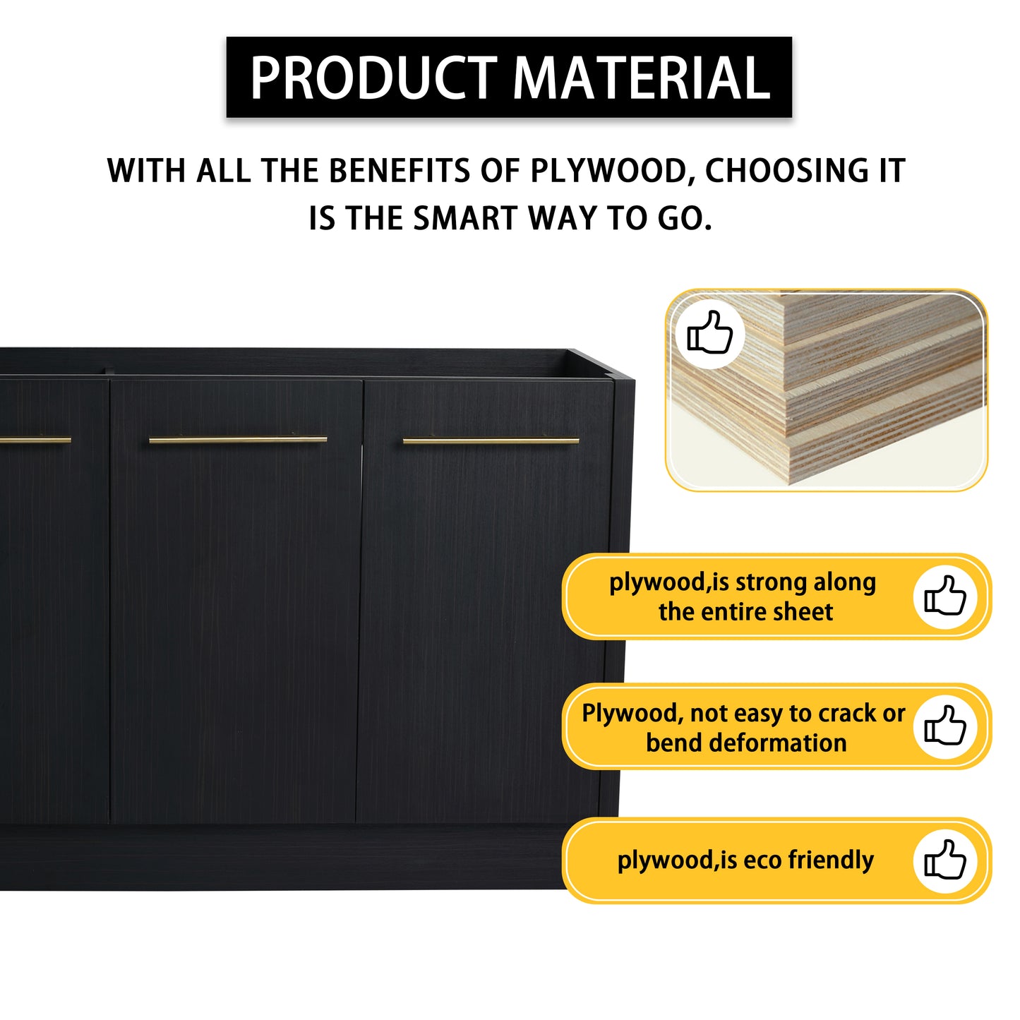 Dark oak cabinet with gold bar pulls showcasing premium plywood construction for durability and style