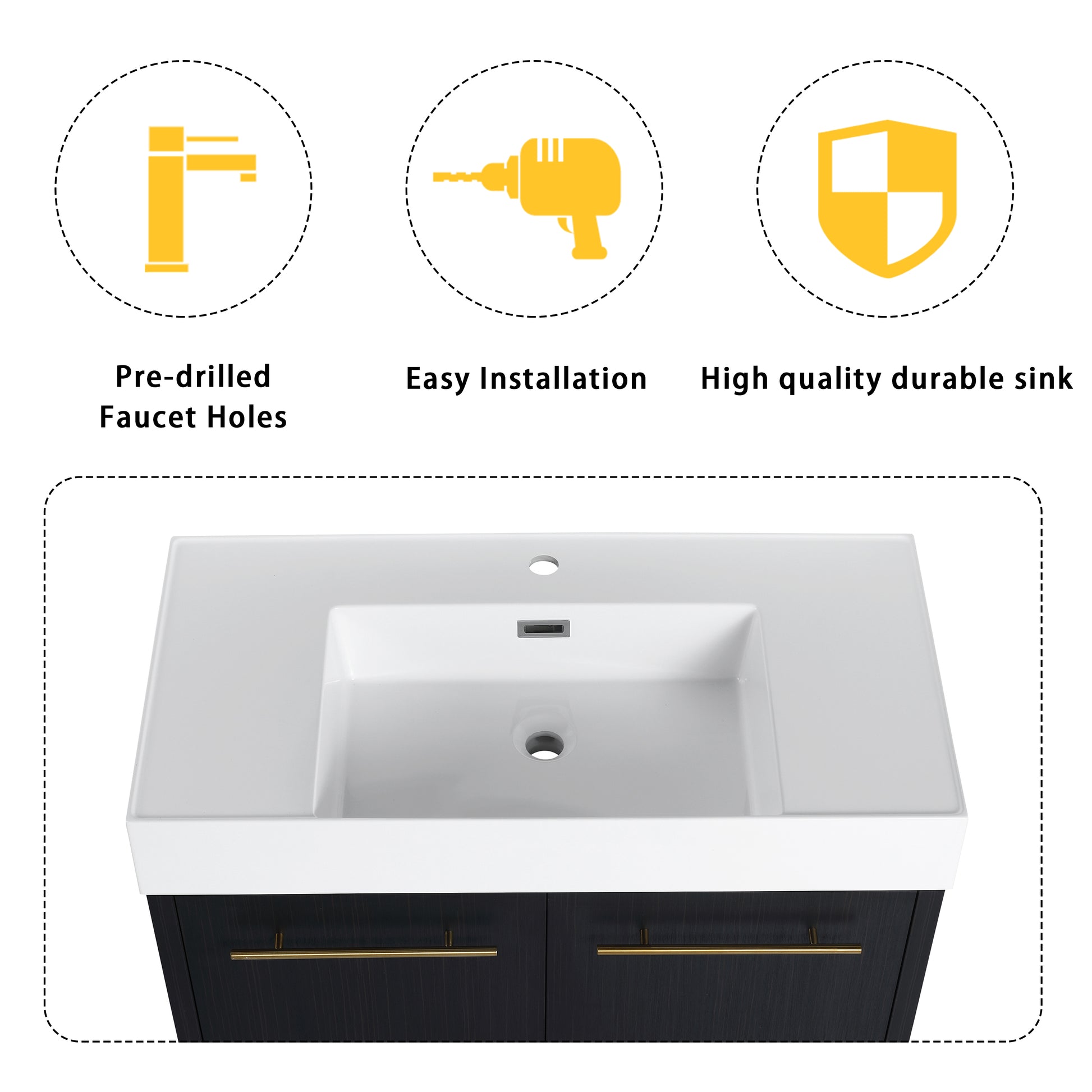 Modern white ceramic bathroom sink with predrilled faucet holes and gold handles